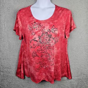 Shannon Ford New York Tunic Womens 1X Red Sparkle Cap Sleeves Scoop Neck Tie Dye